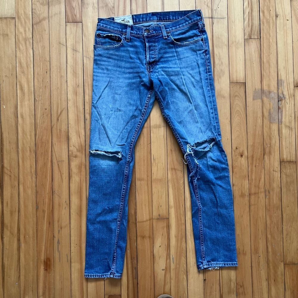 Hollister Mens Super Skinny Jeans Blue Distressed Ripped Button Fly W32 L32